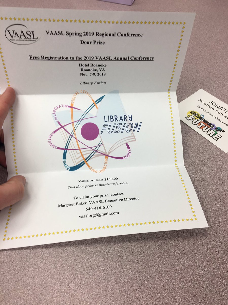 JRESMediaCenter's tweet photo. At the #vaasl York Region Conference today! A great day of sharing ideas, plus I was lucky enough to win the big door prize - free registration for the fall state conference! https://t.co/aMD2e1a08S
