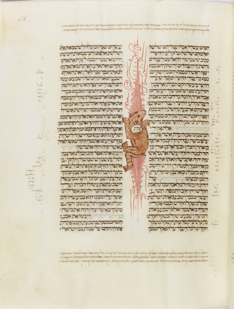 red_loeb's tweet photo. Joseph Ibn Hayyim marks the start of the final weekly reading from Shemot, Pekudei, with this delightful image of a bear. 
@BL_HebrewMSS
MS Kennicott 1; 'The Kennicott Bible', 1476 CE, f.58r #BDLSS #KennicottBible https://t.co/aDD8RaoHbi