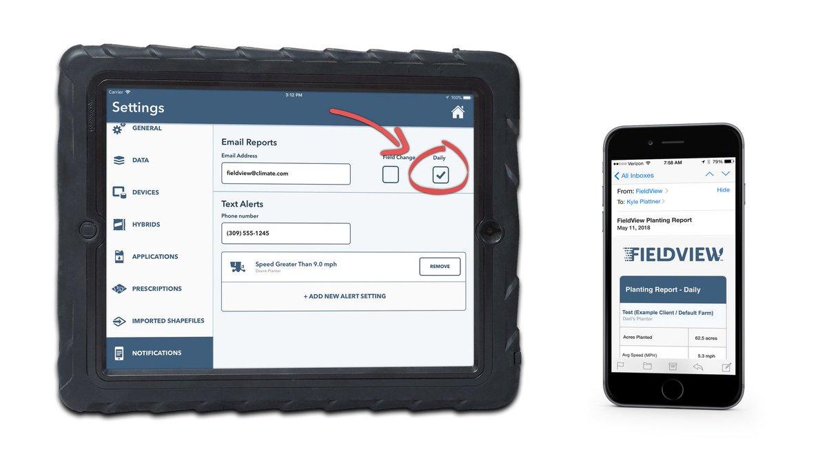 Receive a daily email showing planting progress and statistics from the day by enrolling in Email Reports on the Notifications page in <a href="/FieldView/">FieldView</a> Cab Settings.