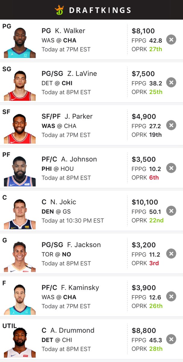 FreeNightly's tweet image. Lineup for tonight! Let’s make it 3 in a row!!! #draftkings #lineups
