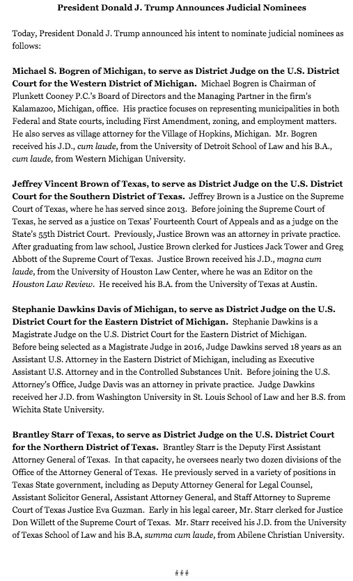 chrisgeidner's tweet photo. JUST IN: Trump announces four new judicial nominees: Two district court nominees each in Texas and Michigan. https://t.co/7DyD4PaVU0