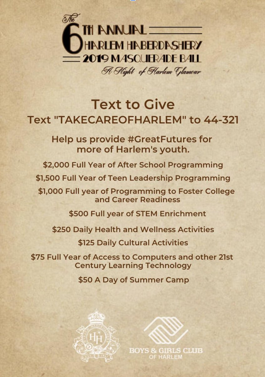 Send a text that will make a difference! When you text to give as part of <a href="/HaberdasheryNYC/">Harlem Haberdashery Boutique</a> ’s Masquerade Ball, your gift ensures we’re able to #TakeCareofHarlem’s next generation through <a href="/HarlemBGC/">HarlemBGC</a> programming. #BGCHarlem