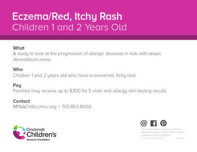 AsthmaResCincy's tweet photo. Currently enrolling for our #MPAACH study. @CincyChildrens  is conducting a research study, to look at the progression of allergic diseases in kids with atopic dermatitis / eczema. We are currently looking for children 1 to 2 years old with eczema. https://t.co/geVi7p9Hgg https://t.co/56ZH9pLLO3