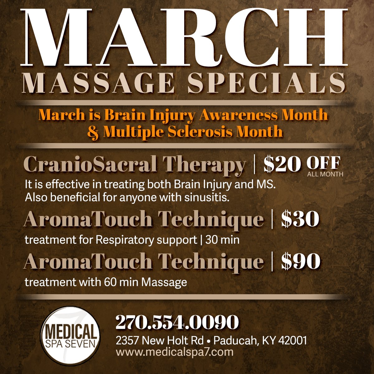 MedicalSpaSeven's tweet photo. March Massage specials!  #march #paducah #massage #massagetherapy #paducahky #massagetherapist #partakeinpaducah #aromatouch #doterra #craniosacral #BrainInjuryAwarenessMonth #MultipleSclerosisAwarenessmonth https://t.co/elwnbgs89A