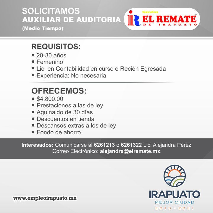 IrapuatoJoaquin's tweet image. Vacante para #ReciénEgresados❗El Remate de Irapuato solicita personal, comunícate al ☎️ 6261213 o 6261322 y solicita cita para tu entrevista y postúlate. 
Más empleos para una #MejorCiudad