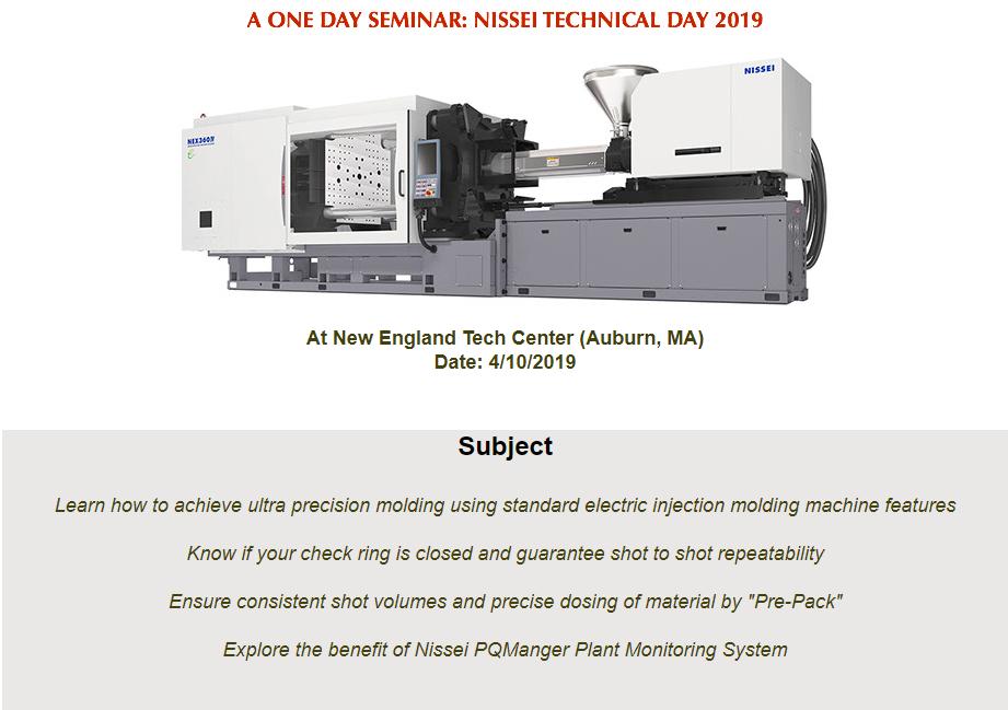 Nissei will be hosting a one day training seminar on all-electric machines on April 10th, at their local New England Technical Center.
Demonstrations will be done throughout the day.
Contact Ideal Plastics or Nissei to reserve your seats!
nisseiamerica.com/techday.html