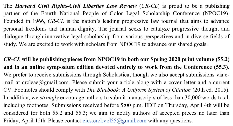 HarvardCRCL's tweet photo. CR-CL is proud to be a publishing partner of the Fourth National People of Color Legal Scholarship Conference. We are accepting submissions from the conference until April 4th; see below for more details.
#NPOC19 https://t.co/oD4Iy7lgG9