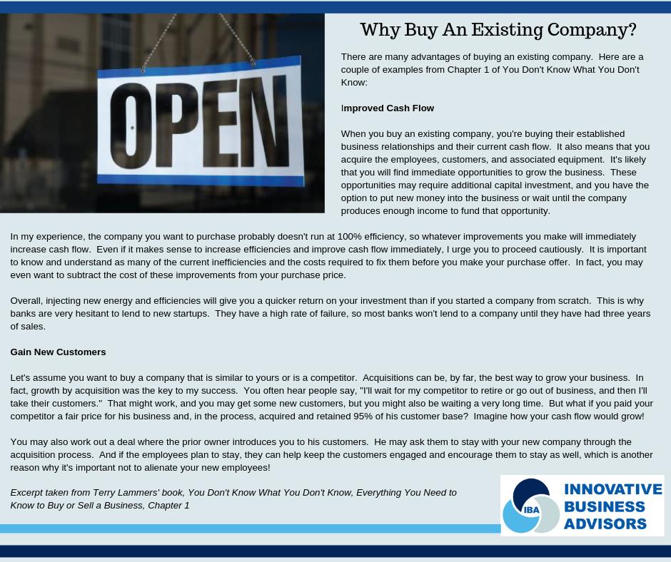Some info from my book on why it's a good idea to buy an existing company as opposed to starting a new company.  To find out more, see Chapter 1 of You Don't Know What You Don't Know.  Click here to download the free ebook:  zurl.co/91OK

#acquisition #business #M&amp;A