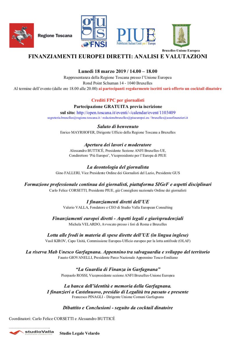ANFIBxlUE's tweet photo. 18/3 evento “finanziamenti #UE diretti” co-organizzato con @regionetoscana @GusNazionale @AssPiuE @PIUE10  @GinoFalleri @StudioValla @ValerioValla @MichelaVelardo @Happycharly1  @Buttial59 @RossiPierpaolo @OLAFPress crediti formativi #giornalisti @odg @odglazio @ItalyinBelgium https://t.co/K1tdpotrRc
