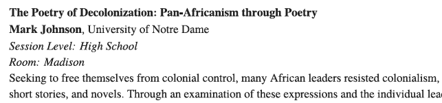 Looking fwd to #NCHE2019 in DC next week! Excited to lead a session on Poetry, Pan-Africanism, & Decolonization. Inspiration from great thought leaders including @ERBeckman @LiberatingNarrs #decolonizehistory #historyed