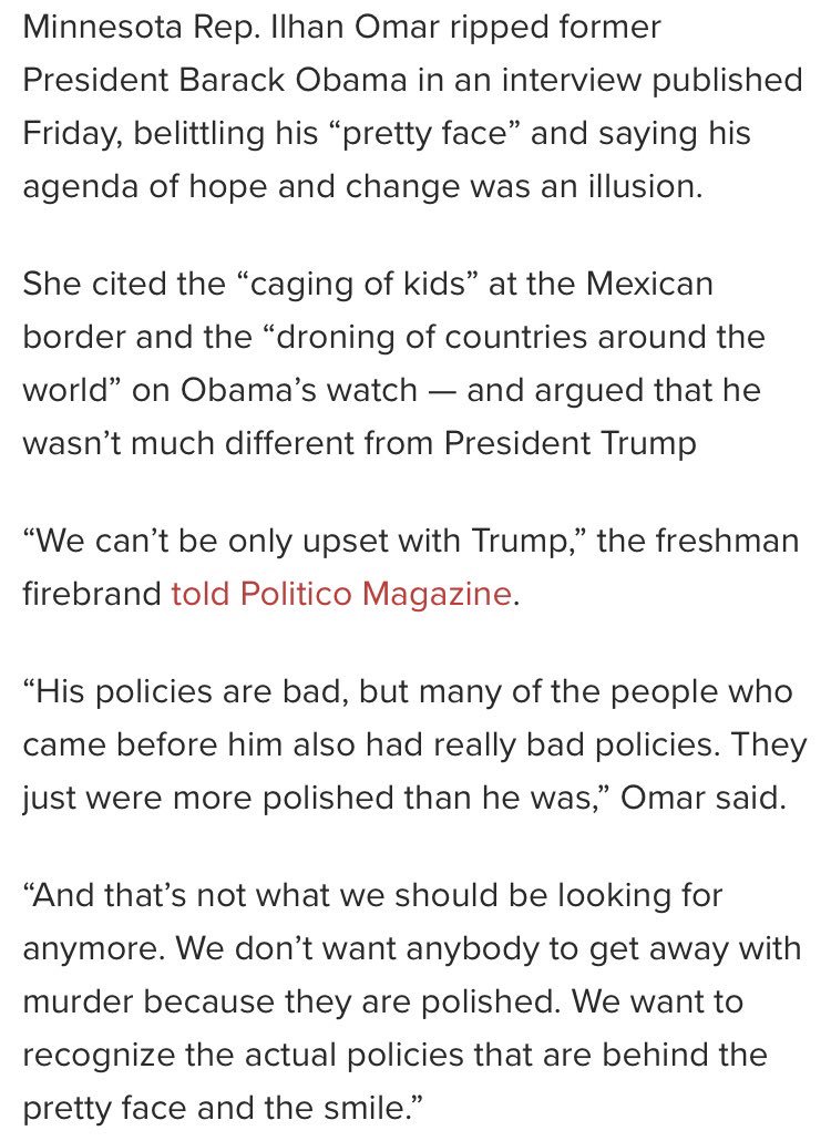 nypost article on the subject, the quoted portion is:  “Minnesota Rep. Ilhan Omar ripped [...] and the smile.”