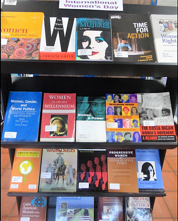 UPEACELibrary's tweet photo. We commemorate #WomensDay2019 with books that celebrate social, economic, cultural + political  achievement of women across the world on occasion of March 8th, the UN Day for women´s rights and world peace. A more balanced world. #IWD2019 #BalanceForBetterIWD2019 @UPEACE .@UPEACE https://t.co/Akruemiil4