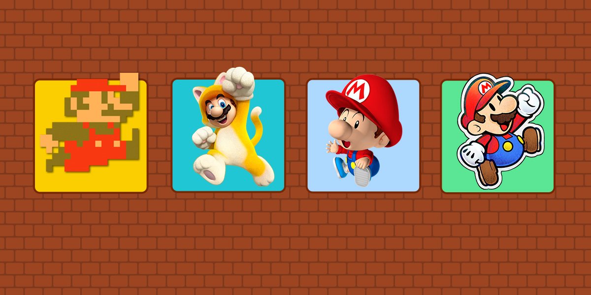 NintendoCanada's tweet photo. In honor of our favorite mustachioed hero, let us know which of these Mario versions you like best: Pixel Mario, Cat Mario, Baby Mario or Paper Mario. #MAR10Day https://t.co/Vr0Gli8sqQ