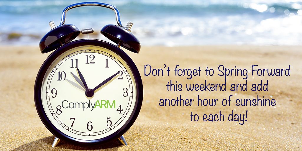 Are you ready for more sunshine in your evenings? Don't forget to move your clocks one hour ahead this Sunday! #ComplyARM #DaylightSavingTime #SpringForward #daylightsavings