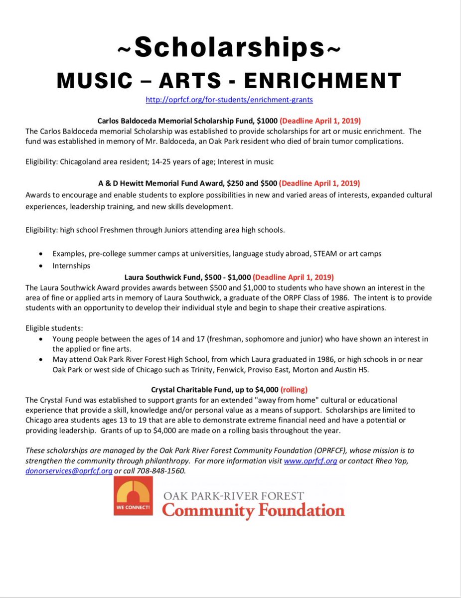 PINGoprf's tweet photo. 📣The April 1st deadline for Oak Park River Forest High School Scholarships is approaching. 📣 
•••
https://t.co/QTdMxrrg4n
•••
#pingoprf #oakpark #oprfhs https://t.co/M6qBqwrH09