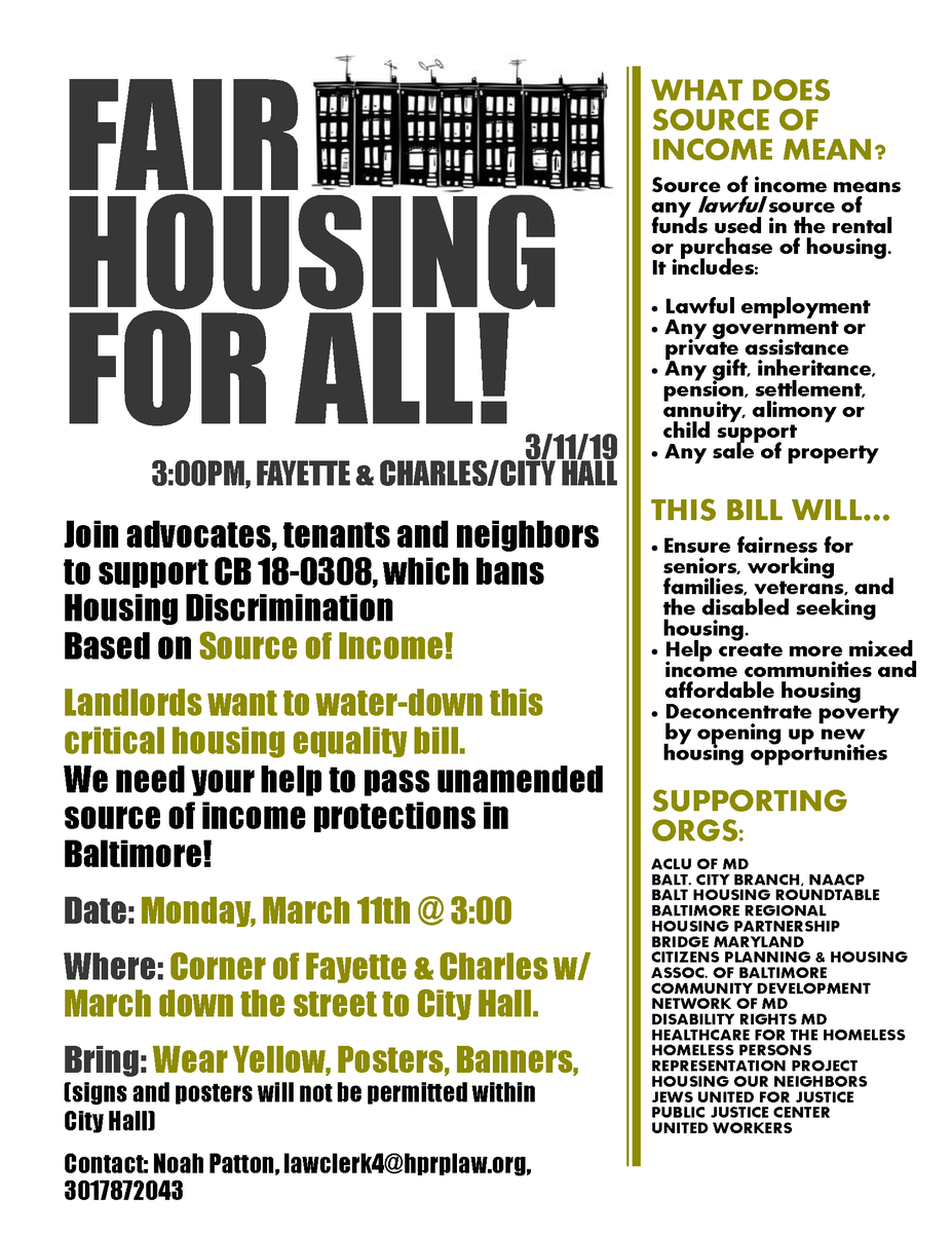 ACLU_MD's tweet photo. Join us Monday, March 11 at 3 pm to support CB# 18-0308 to Ban Housing Discrimination Based on Source of Income. We need to show our elected officials that we support the bill without landlord supported amendments that would weaken these important protections. #StandWiththeNAACP https://t.co/eFMtXX0Olj