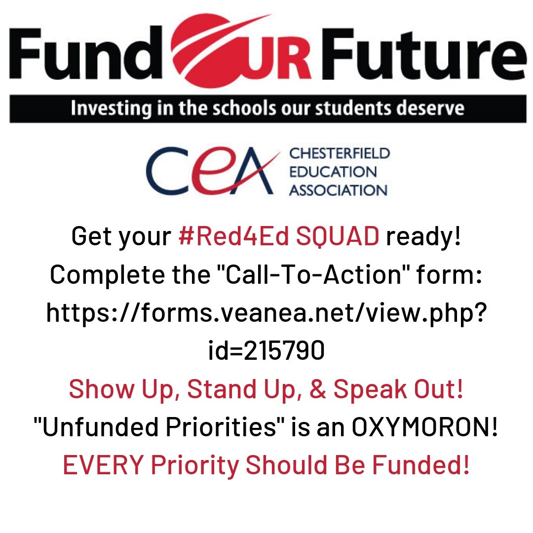ChesterfieldEa's tweet photo. It is time to make some noise, members & friends of @ChesterfieldEa! #CEAStrong #FundOurFuture #Red4Ed https://t.co/aeSvHYtYeD