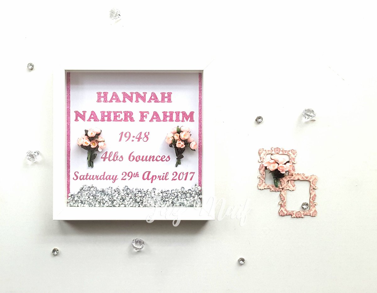 JazMaif's tweet image. 🌟'Hannah Naher Fahim' - date of birth, weight &amp;amp; time 
• 23 cm x 23cm (9" x 9") White Shadow Frame 
#frames #shadowframes #gifts #presents #pink #glitter #flowers #diamantés #personalised #home #cute #adorable #sentimental #homedecor #eidgiftideas #eid 
@JazMaif
