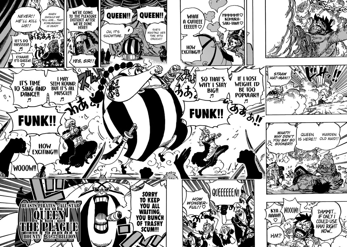 BrotherE on X: #ワンピース / #OnePiece CH.935 QUEEN'S BOUNTY: 1.32 BILLION  BERRIES! NAMI & ROBIN FAN SERVICE 😍 QUEEN IS IN LOVE WITH KOMURASAKI Luffy  is training with his Seastone cuffs Raizo