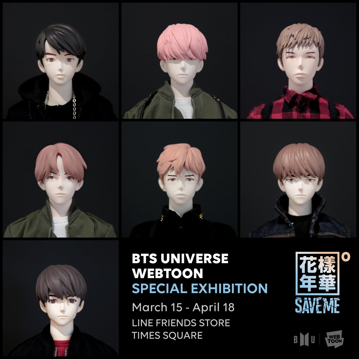 We will be exhibiting exclusive figurines from THE MOST BEAUTIFUL MOMENT IN LIFE PT.0 [SAVE ME] from March 15 to April 18th! Stop by the LINE Friends Store in Times Square to check it out!  

#BU_Official #BU_webtoon #SAVEME #BTS_theory #BTS_Universe #BTS #webtoon