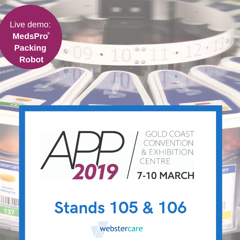 webstercare's tweet photo. Webstercare will be exhibiting at APP from the 7-10 March. 
Visit us on Stands 105 &amp; 106 (entry via Trade 3) to view a live demo of the MedsPro® Packing Robot.

#webstercare #APP2019 #doseadministrationaids #medicationmanagement https://t.co/WlOPRoHYO0