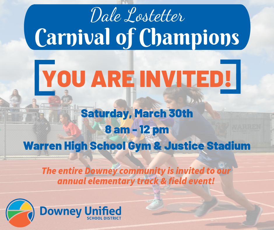 Everyone is invited to attend the Dale Lostetter #CarnivalofChampions on Saturday, March 30th! This annual event will be at Warren High from 8a-12p. Help us #SpreadTheWord! We hope to see you there to show your support of our elementary student athletes! #ourkidsdeservethebest