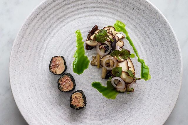 Leather jacket liver jacket liver Torchon, rolled in seaweed with pickled mushrooms.  Really exciting to explore the possibilities of the pristine @myersseafood leather jacket we received ift.tt/2tWCM3h