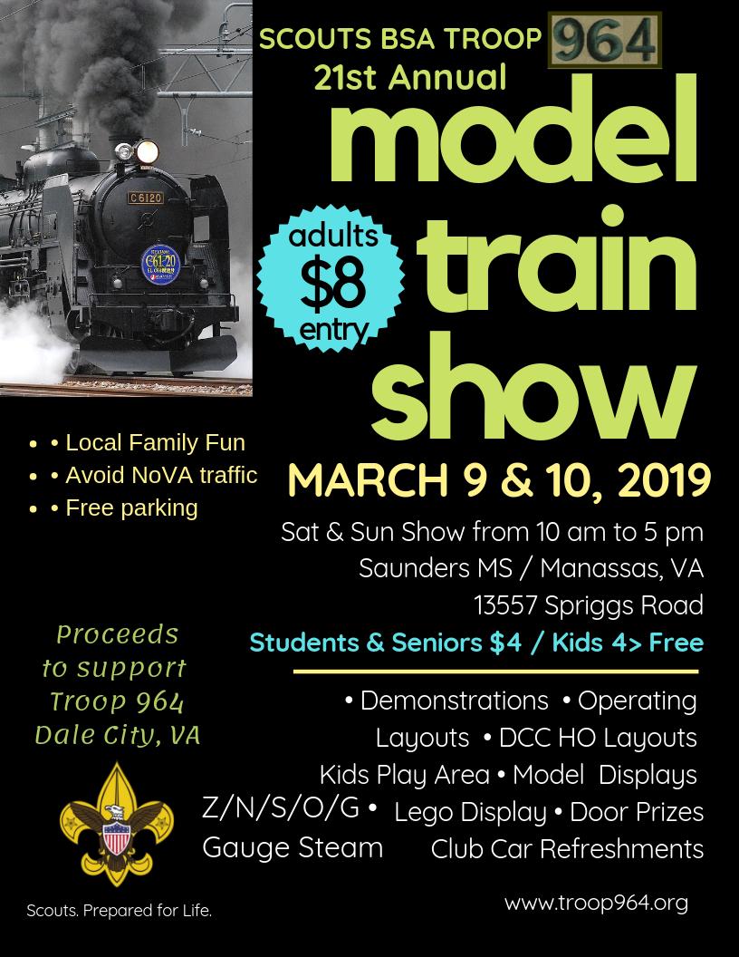CubScoutPack964's tweet photo. It's #ShowTime! #Troop964 #MainEvent #21stAnnual #ModelTrains #TrainShow @SaundersPWCS Doors Open at: 10 AM #March9 #March10 #FunFamilyEvent #LocalEntertainment #EasternPrinceWilliamCounty #SupportScouting #Railroading #Hobbies #TrainCollections #TrainFans https://t.co/l5XYxbvVK7