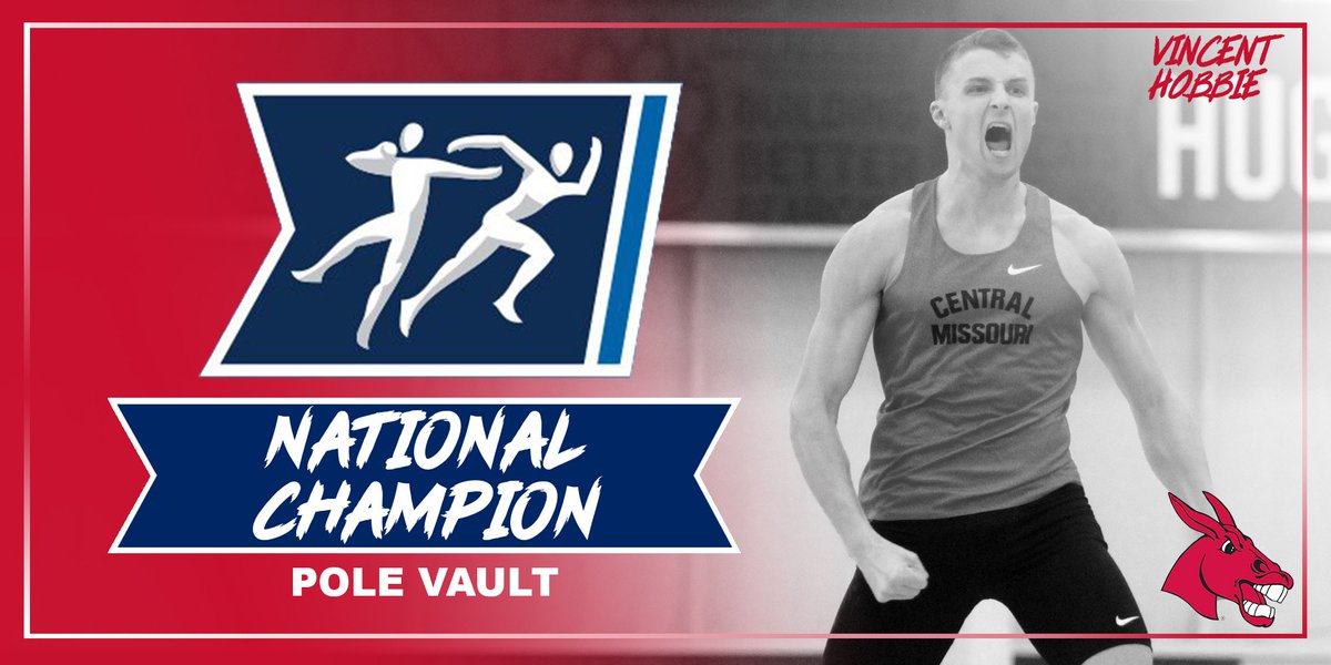 UCMTF's tweet photo. We have our first NATIONAL CHAMPION!!! Vincent Hobbie took the thrown in the Pole Vault clearing 17-7. #teamUCM #UCMTF #NATTYCHAMP https://t.co/vBEPiJj9i7