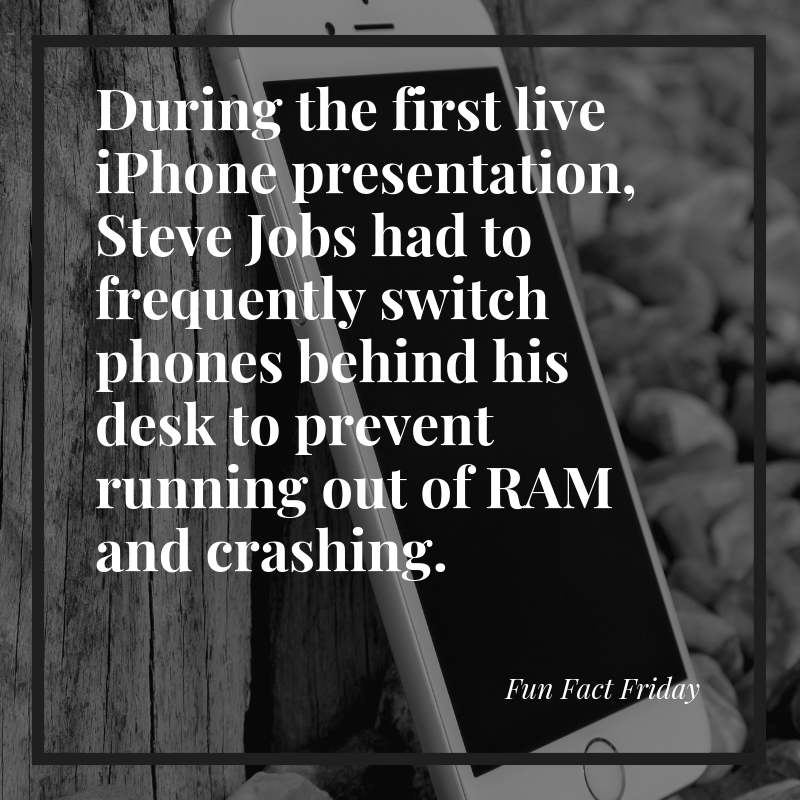 BCCChicago's tweet photo. Did you know that during the first live presentation of the iPhone in 2007, Steve Jobs kept secretly switching phones behind the desk, otherwise, the phone would have run out of RAM and crashed. Good thing the iPhone has had a few updates since then! #FunFactFriday #Apple https://t.co/fJP9Ohqcew