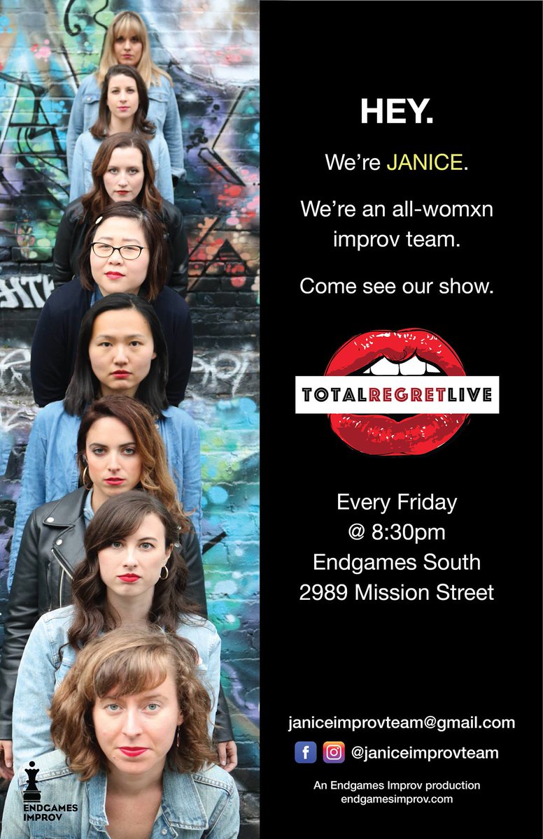 JaniceImprovSF's tweet photo. Today is International Women's Day! And what better way to celebrate it than to support a local all-womxn improv team! So come on down to Endgames Training Center South TONIGHT at 8:30 PM to watch JANICE in Total Regret Live <3 <3 <3 #IWD2019 https://t.co/fol9bgk0xJ