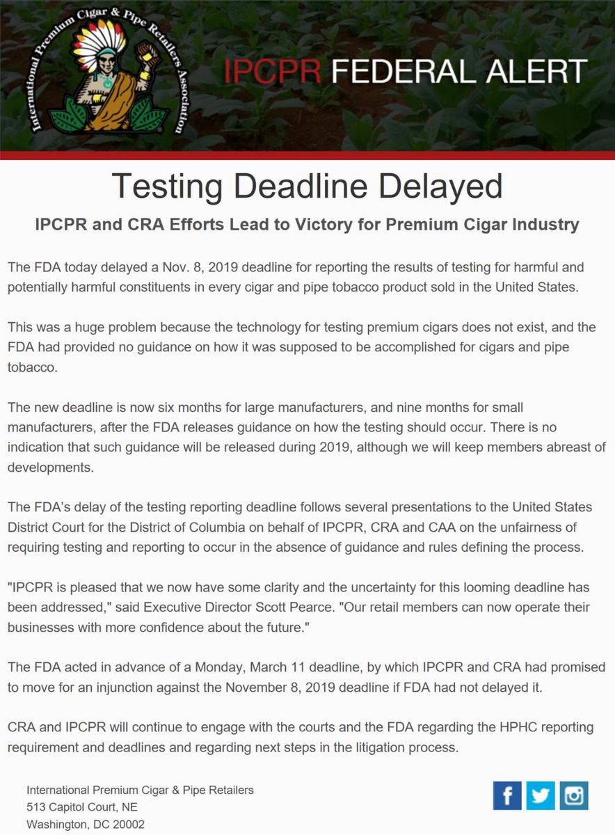 PCA1933's tweet photo. #ActionIPCPR Breaking News -Testing Deadline Delayed, #IPCPR and #CRA Efforts Lead to Victory for #PremiumCigar Industry
FDA today delayed a Nov. 8, 2018 deadline for reporting results of testing for every #cigar and #pipetobacco product sold in the US.
https://t.co/fvudyTA4cM https://t.co/YixoE0H0GX
