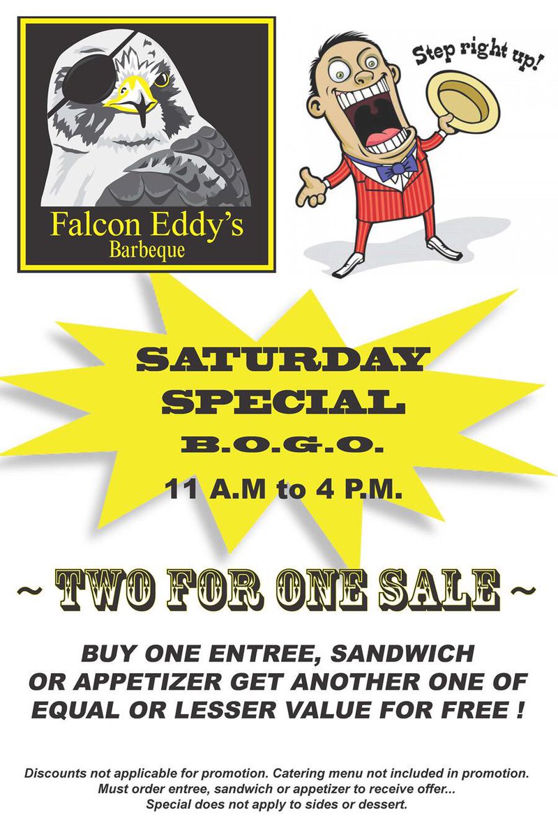 FalconEddys's tweet photo. Saturday’s just got even better!  Buy one get one free Saturday Lunches is here.

#falconeddysbbq #febbq #smokedmeats #evanstonfood #evanstoneats #downtownevanston #nufood #northwestern #bbq https://t.co/Y0JKueHpJ0