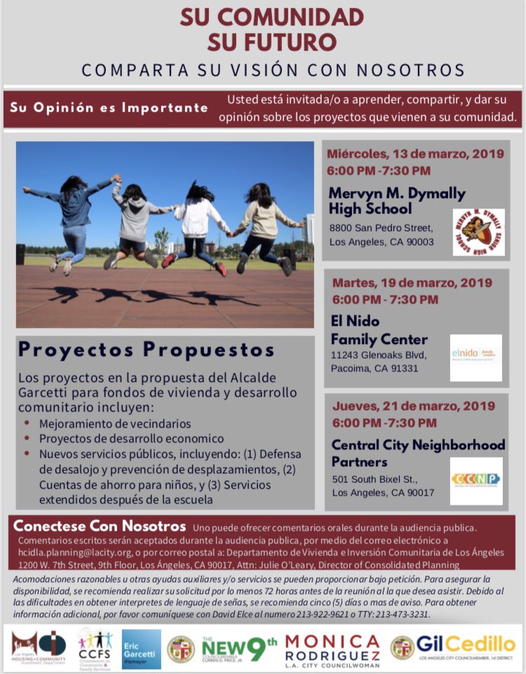 CCFSinLA's tweet image. @MayorOfLA released his proposed 45th Program Year Consolidated Plan. We want to hear what you think! Join us at one of our Community Meetings listed below. Thanks to @MRodCD7, @cmgilcedillo, and @CurrenDPriceJr for hosting us in your district!
@HCIDLA #CCFS #ConPlan
