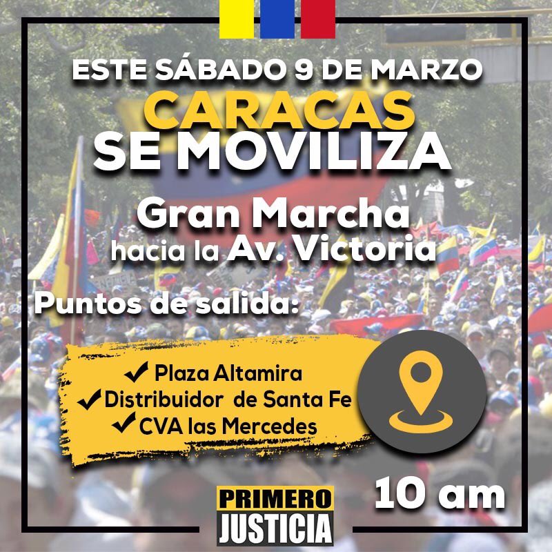 Mañana Venezuela entera se moviliza, a quienes Usurpan hoy el poder les vamos a demostrar en la calle que los únicos saboteadores son ellos que nos han destruido el país. En #Caracas nos vemos en la Avenida Victoria ¡Mañana tenemos que hacernos sentir en las calles!