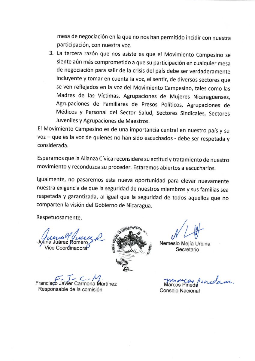 de_campesino's tweet photo. Hacemos saber al Pueblo de Nicaragua que se a echo llegar está carta al ceno de la Alianza pues nosotros al ser parte de la misma hemos sido excluido, nuestra intención de participar en este nuevo ciclo de negociación fue para exponer nuestros puntos de vistas y exigencias. https://t.co/lFAwg4JvNE