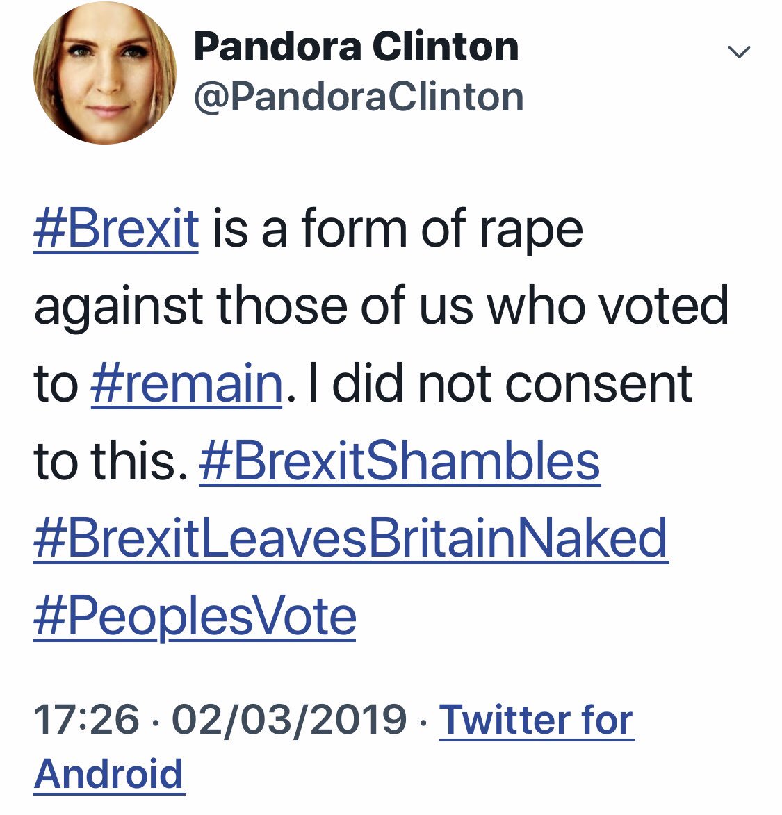 I have read some really bizarre Brexit analogies, but comparing Brexit to rape is a new low for the Remain Campaign 

Absolutely disgusting 

<a href="/PandoraClinton/">Pandora Clinton</a>