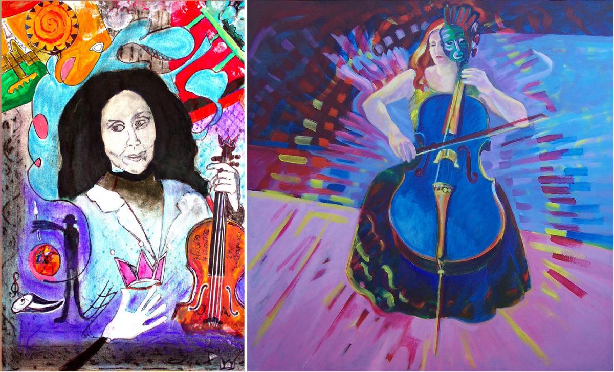 two paintings of women playing string instruments