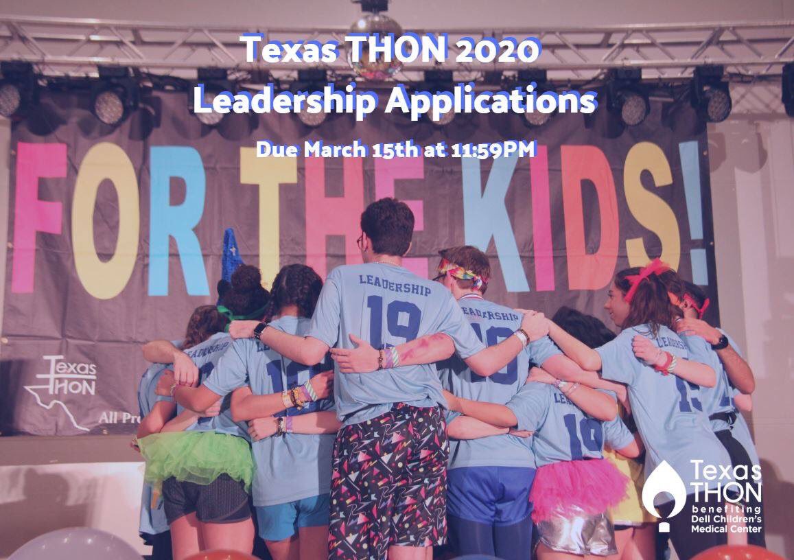 Texas THON 2020 Leadership applications are live! Applications and tasks are due Friday, March 15th at 11:59pm! Refer to the website for the available positions, tasks, and applications! texasthon.org/apply-for-lead…