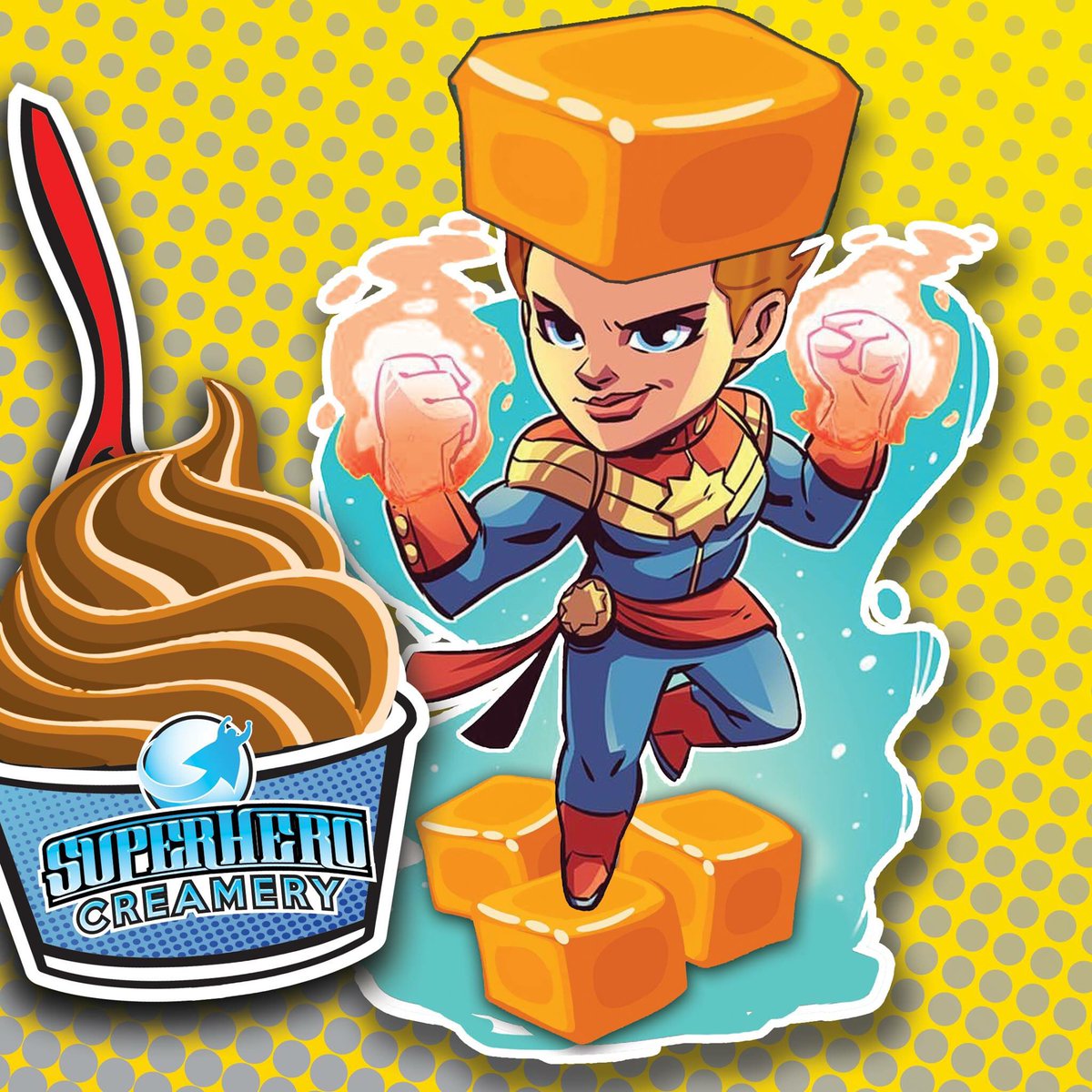 SuperCreamery's tweet photo. Going to see Captain Marvel this weekend?! Stop by SuperHero Creamery in the Ashland Town Center Mall and try our brand new Frozen Yogurt Carmel flavor, "CAPTAIN CARVEL"! And add anything you want from the Topping's Bar, all for one low flat price...no weights, no scales! https://t.co/BKsp2lDynf