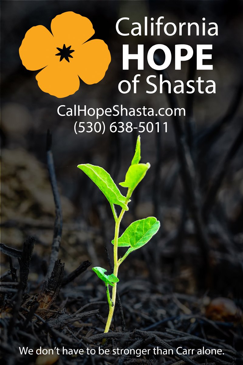 ShastaHHSA's tweet photo. Cal HOPE Shasta provides FREE, anonymous services to #CarrFire survivors. Our outreach team provides emotional support and linkage to wildfire recovery resources. 

Go to https://t.co/kG2q8NuoWu to learn more. #ResourceFriday
#ShastaStrong #ReddingCA #ShastaCounty #NorCal https://t.co/vPgKeOfFi4