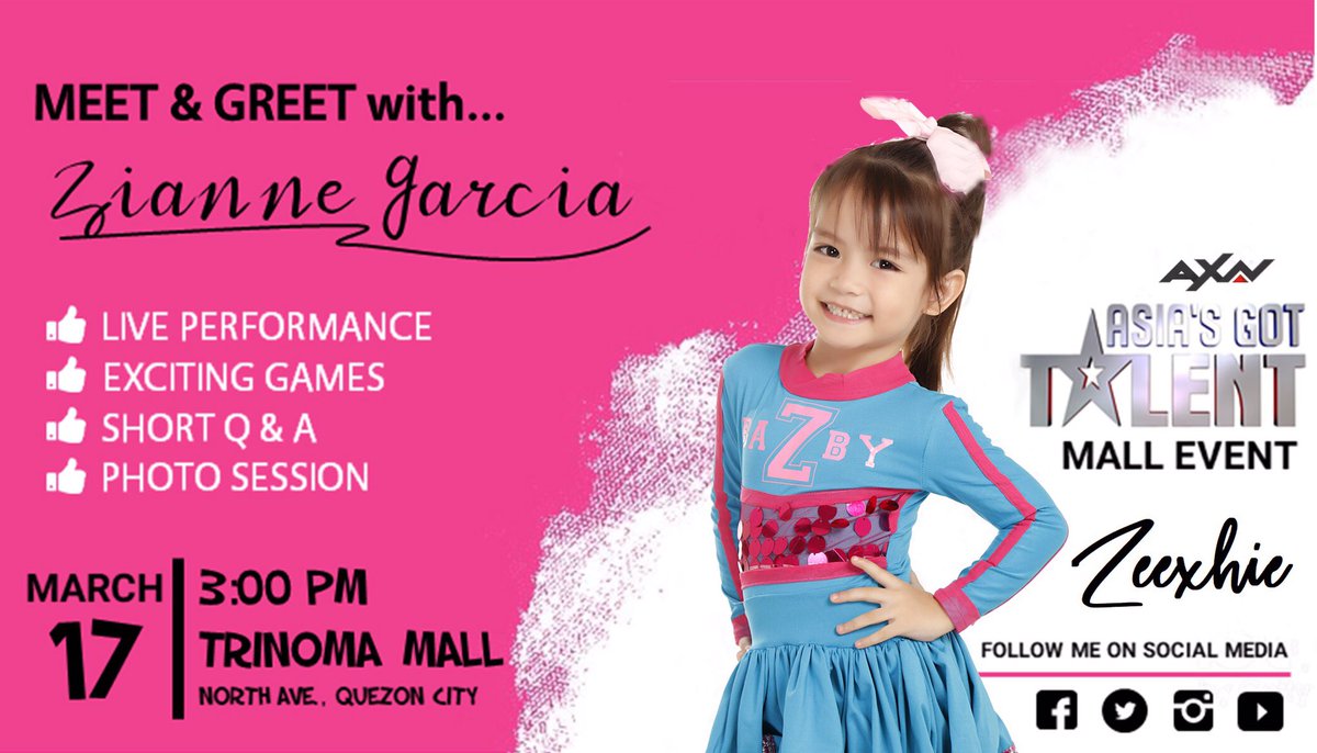 Meet and greet day with me this coming March 17, Sunday on our Asia's Got Talent Mall Event at TriNoma, North Avenue, Quezon City. Hope to see you there guys! 🎀❤️😘
#Zeexhie #AsiasGotTalent