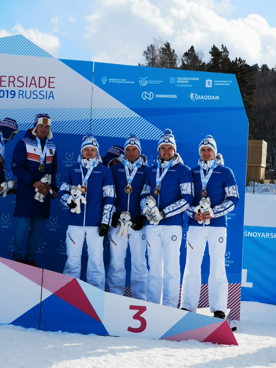 OlympicTeamFI's tweet photo. Lauantaipäivä Krasnojarskissa alkoi mitalisateella: @teamuniquehsk kultaa ja Marigold IceUnity hopeaa muodostelmaluistelussa, viestimiehet pronssille maastohiihdossa! #Universiadit2019 https://t.co/zJF8UBQgLT