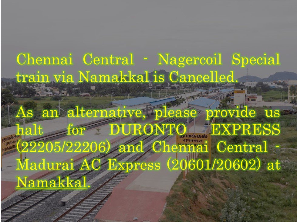 karthick_nmkl's tweet photo. Lot of station got stoppage for various trains. As a district headquarter Namakkal deserves halt for the below train. #NMKL #MDU #MAS #Namakkal #Duronto #ACExpress
@TN_RailNews @ccmsrly @SalemDRM @RailwaySeva @DyCCMPMSR @drmmadurai @GMSRailway @DrVSarojaoffl @PiyushGoyalOffc https://t.co/I2fULYadZK