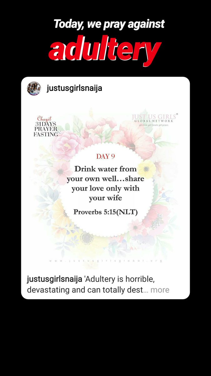 _JustUsGirls_'s tweet photo. 'Adultery is horrible, devastating and can totally destroy a marriage.' @pastormildred
Pray
1. That your husband will be preserved from adulterous relationships.
2. That your husband will drink waters from your own well and not from another woman.
#chayil
#prayingwives https://t.co/iODRVc1ipt