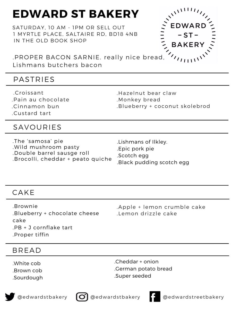 edwardstbakery's tweet photo. SATURDAY! We are open. Usual hang out, 1 Myrtle Place, Saltaire Rd, bd18 4nb. 10am, in the old bookshop. Peace gang https://t.co/ZGWwMxdSZT