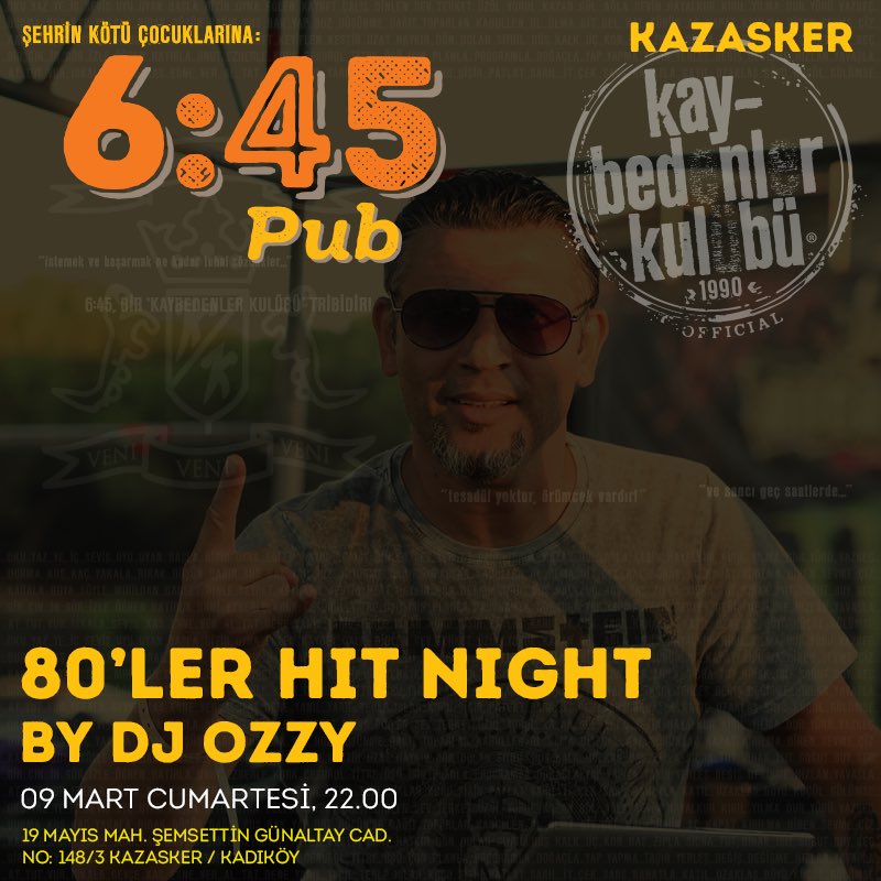 645kk_kazasker's tweet photo. 80'ler Hit Night By DJ OZZY
BU AKŞAM, 22.00
#645kk_kazasker #kaybedenlerkulübü #etkinlik #yüzdeyüzmüzik #müzik #pub #djozzy #ozzy #kadıköy https://t.co/e05ZPEYYVs