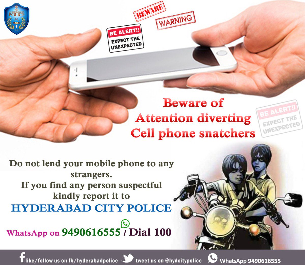 CPHydCity's tweet photo. Beware of STRANGERS and be alert on the roads while carrying mobile phone .... concerned about you all https://t.co/b3j1ZoCdzv