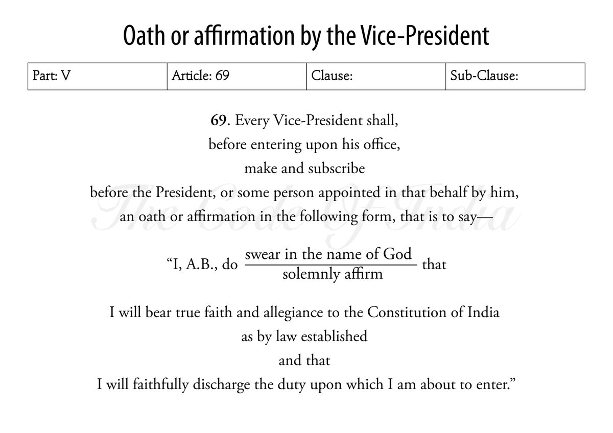 TheCodeOfIndia's tweet photo. Oath or affirmation by the Vice-President #Article69 #Oath #Affirmation #TheVicePresidentOfIndia #Chapter1 #TheExecutive #Part5 #TheUnion #India #TheConstitutionOfIndia #TheCodeOfIndia https://t.co/mXvO74fX4r