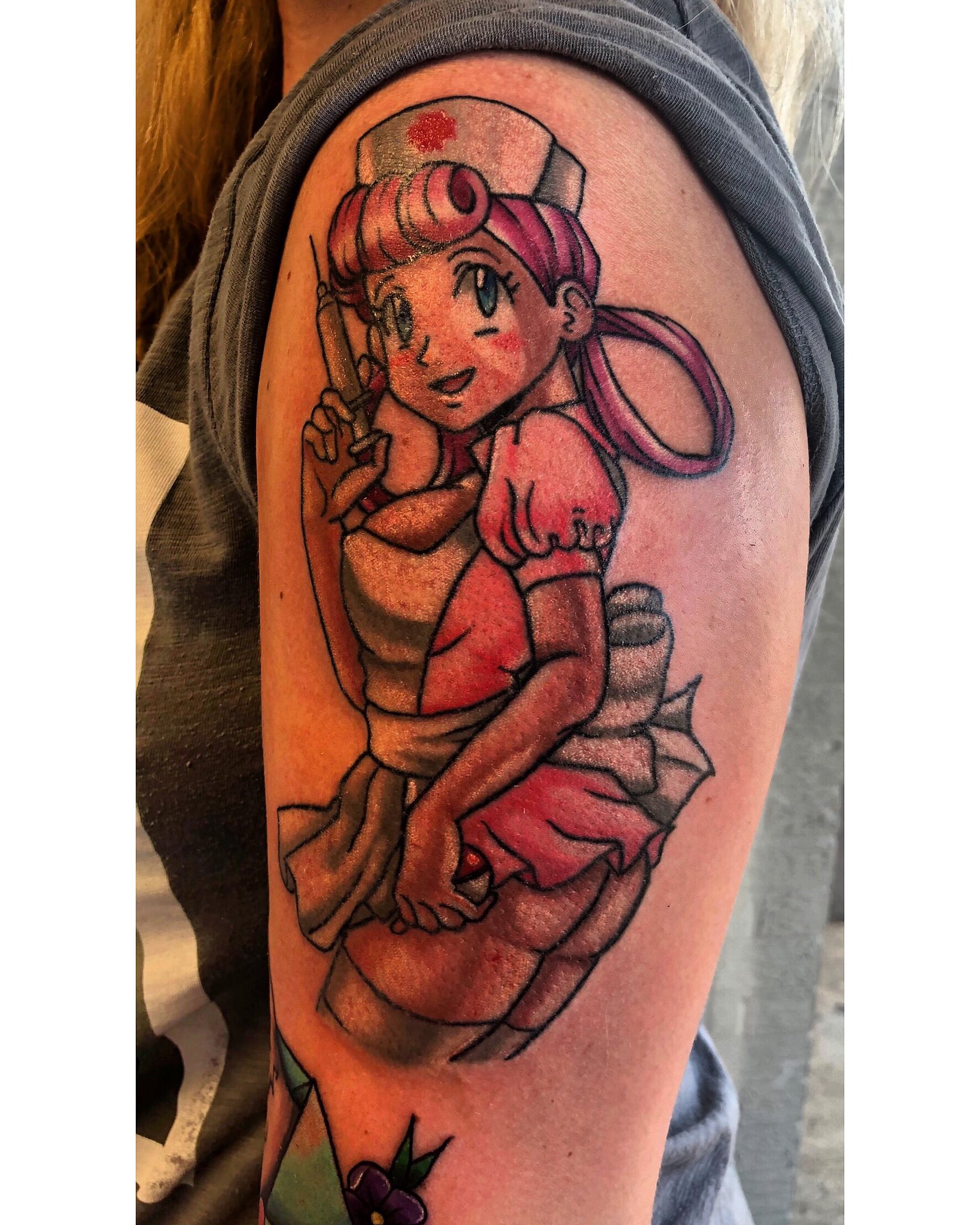 Denise McClung on X: I got to do a Nurse Joy pin up a few weeks ago!  Nothing better than pin ups and anime! #anime #animetattoo #nursejoy  #nursetattoo #tattoo #tattooartist #pokemon #pinup